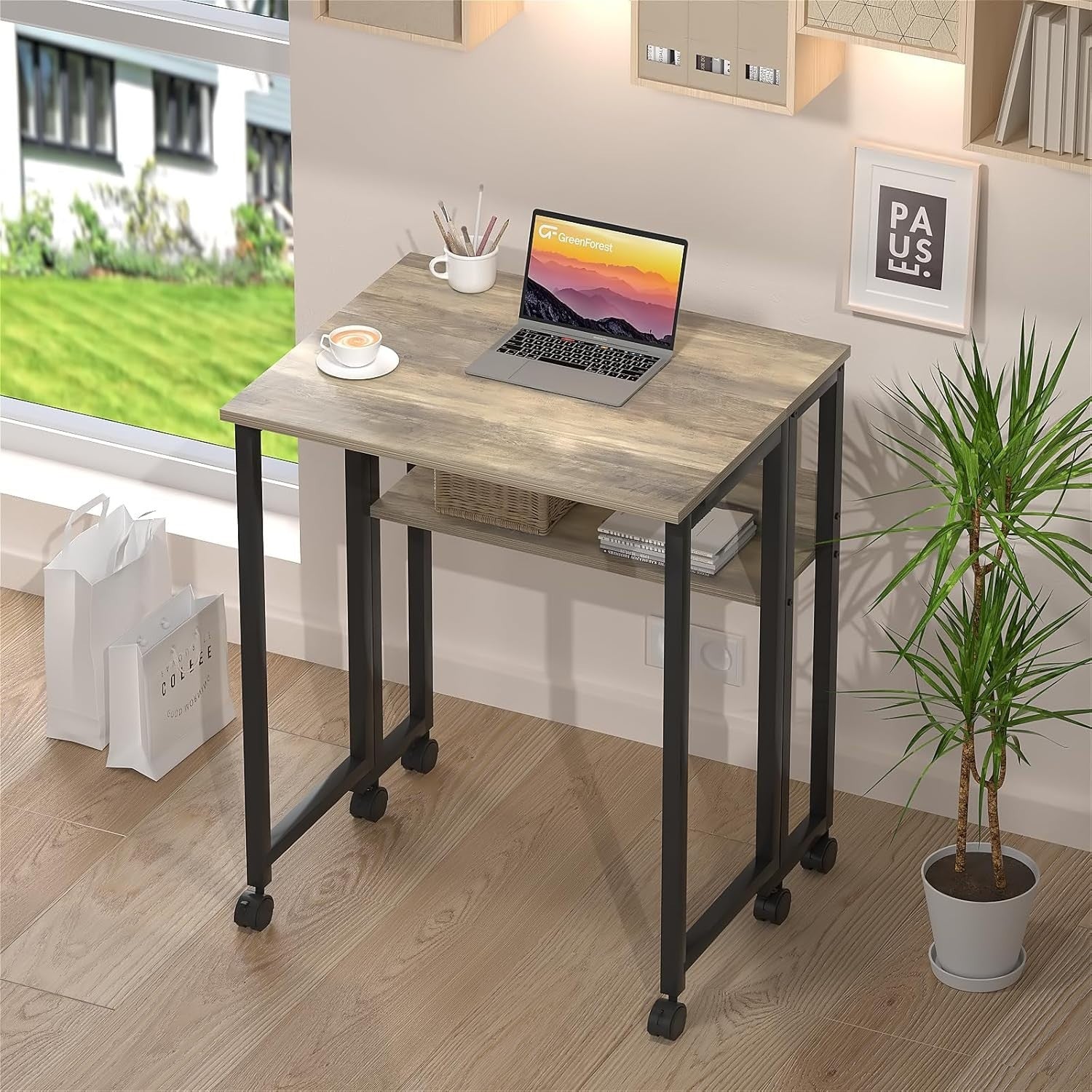 Folding Desk with Shelf & Wheels 63cm Compact Grey Wash Computer Table