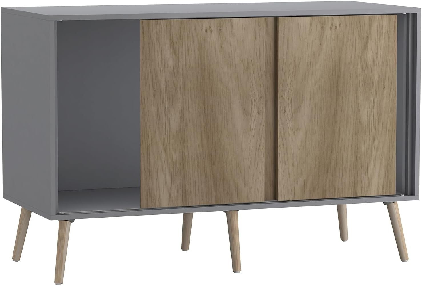 Modern Sideboard Cabinet Storage Unit Grey Oak 3 Door Sliding Pine Legs
