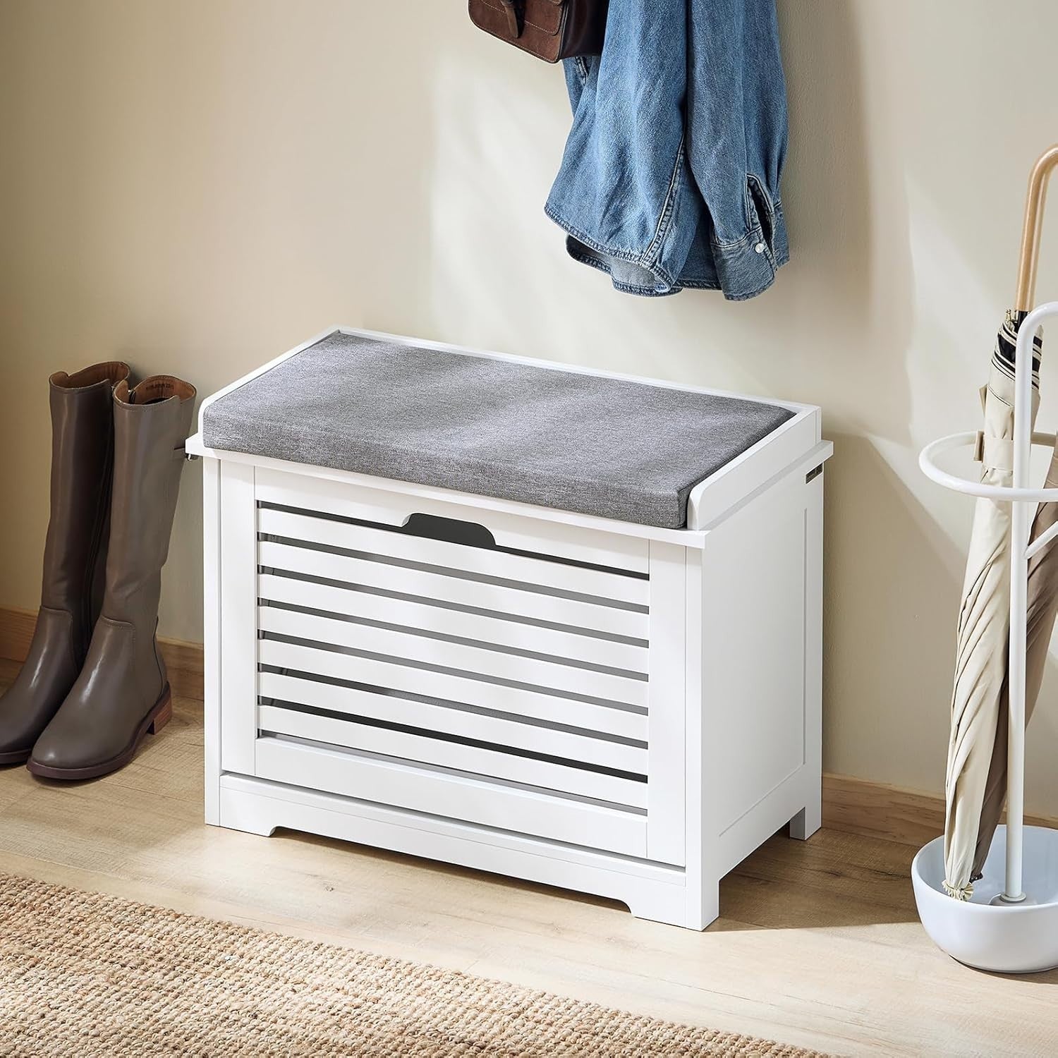 White Shoe Storage Bench with Cushion | Flip Drawer Hallway Seat Unit