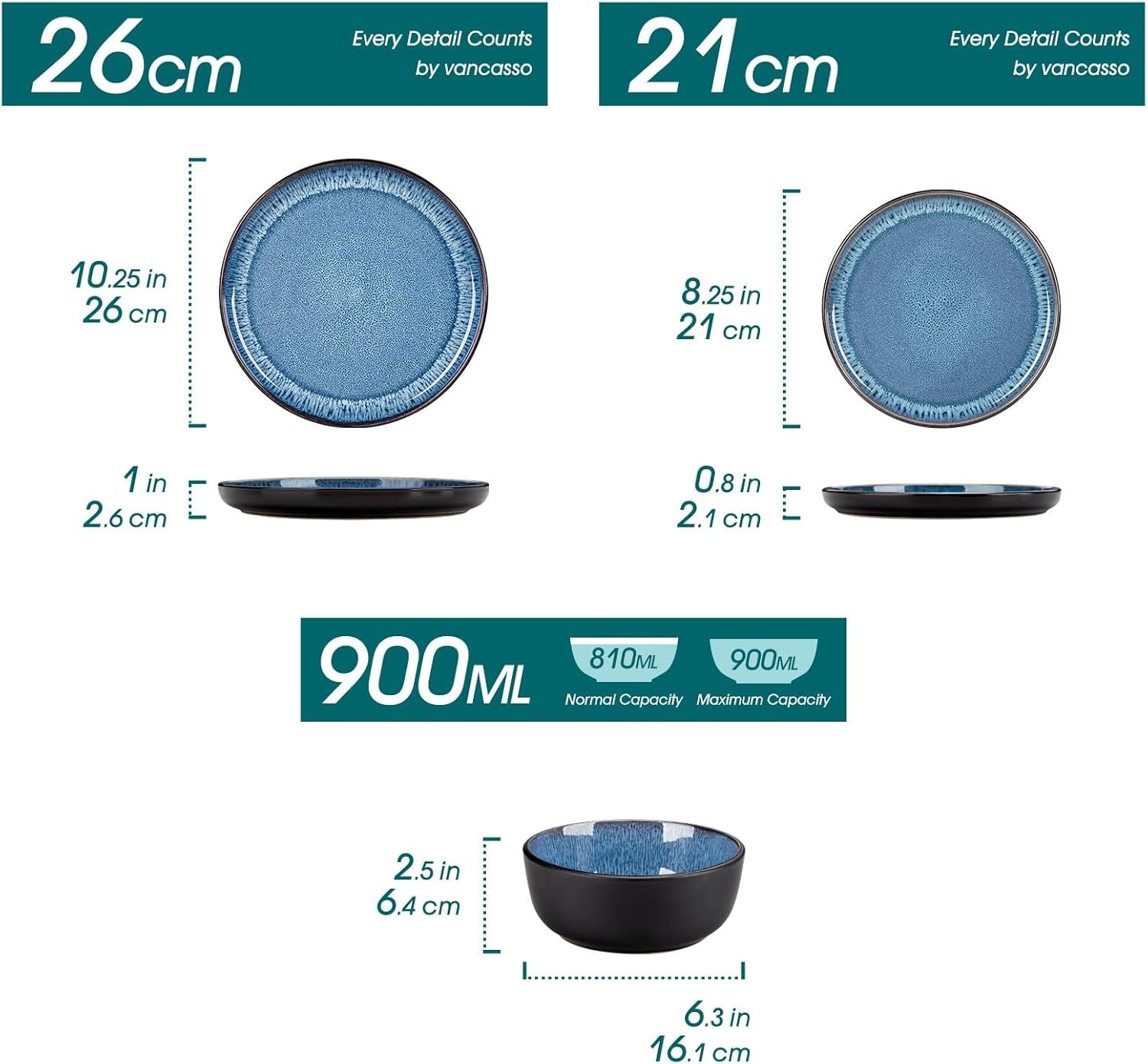 18pc Blue Stoneware Dinner Set Reactive Glaze Plates Bowls Microwave Safe