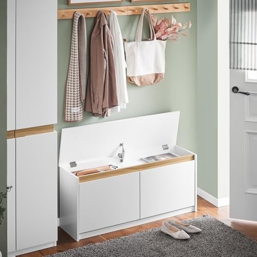 White Shoe Storage Bench with Padded Seat & 2 Flip Drawers – Hallway