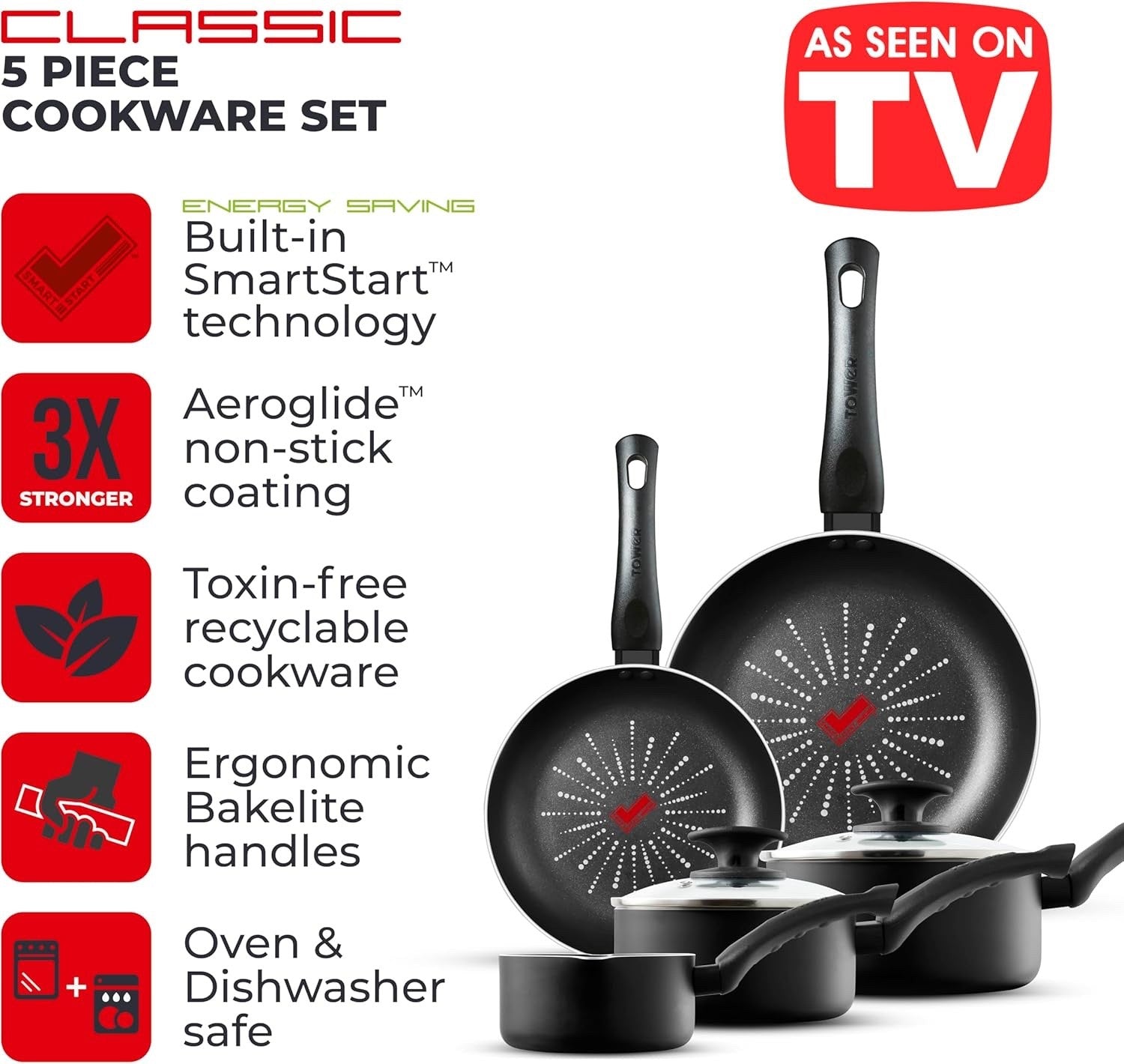 5Pcs Black Smart Start Non Stick Cookware Set, Oven Safe, Easy Clean, PFOA-Free