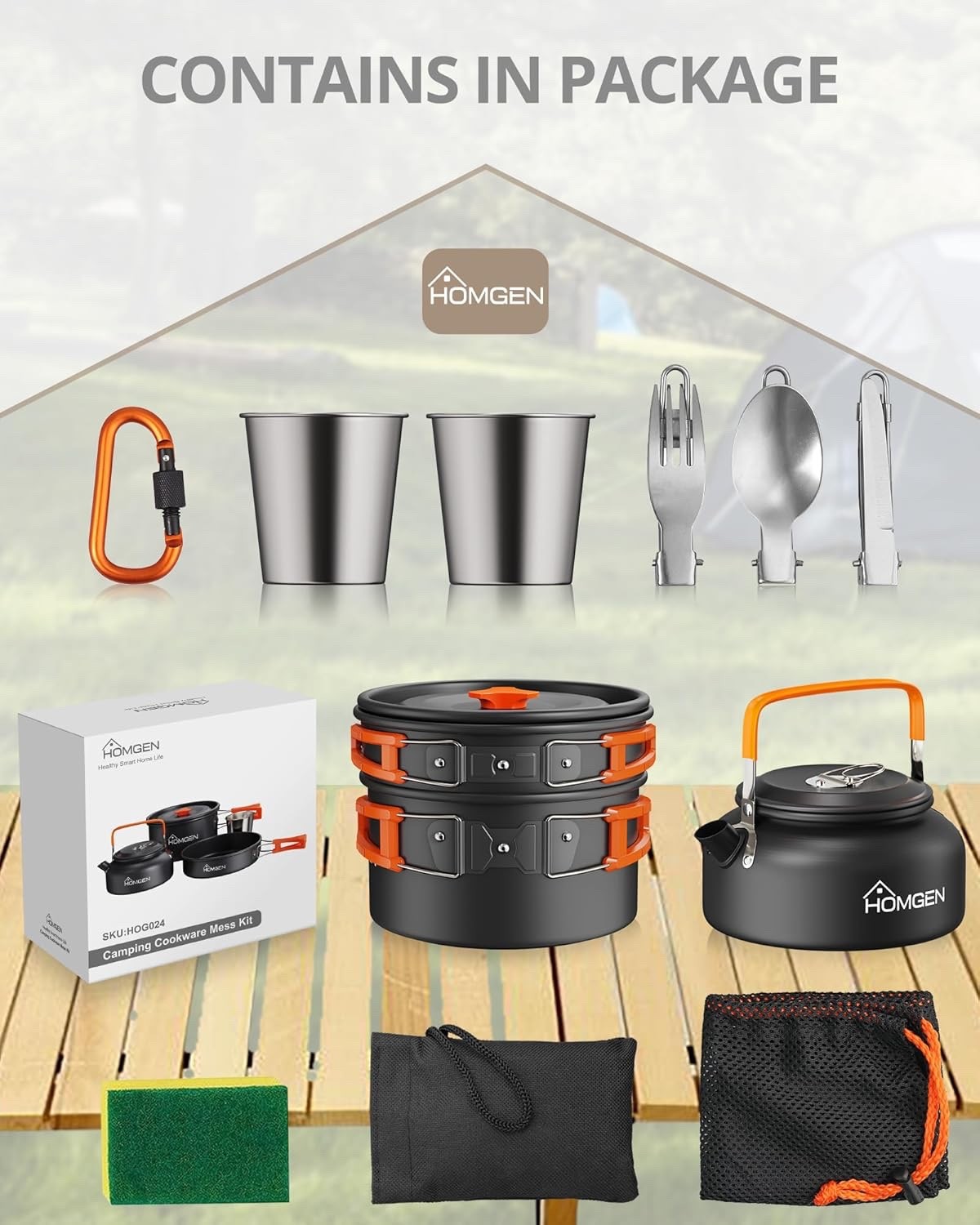 Orang Camping Cookware Set with Pot Frying Pan, Kettle & Utensils for 2–3 People