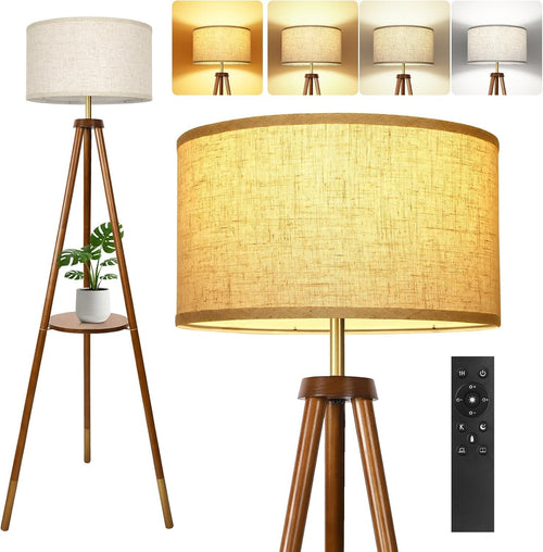 Dimmable Wooden Tripod Floor Lamp with Remote & Storage Shelf
