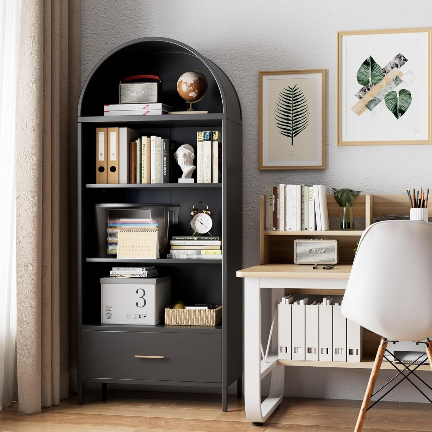 185cm Metal Arched Kitchen Pantry Cabinet Black | Drawer Storage