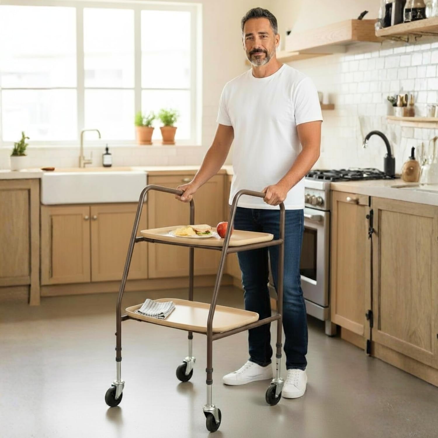 Home Helper Mobility Trolley with Wheels Height Adjustable Walking Aid Trays
