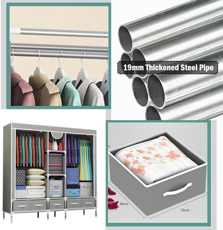 Large Grey Canvas Wardrobe 5 Drawers Hanging Rail Storage Unit 175cm