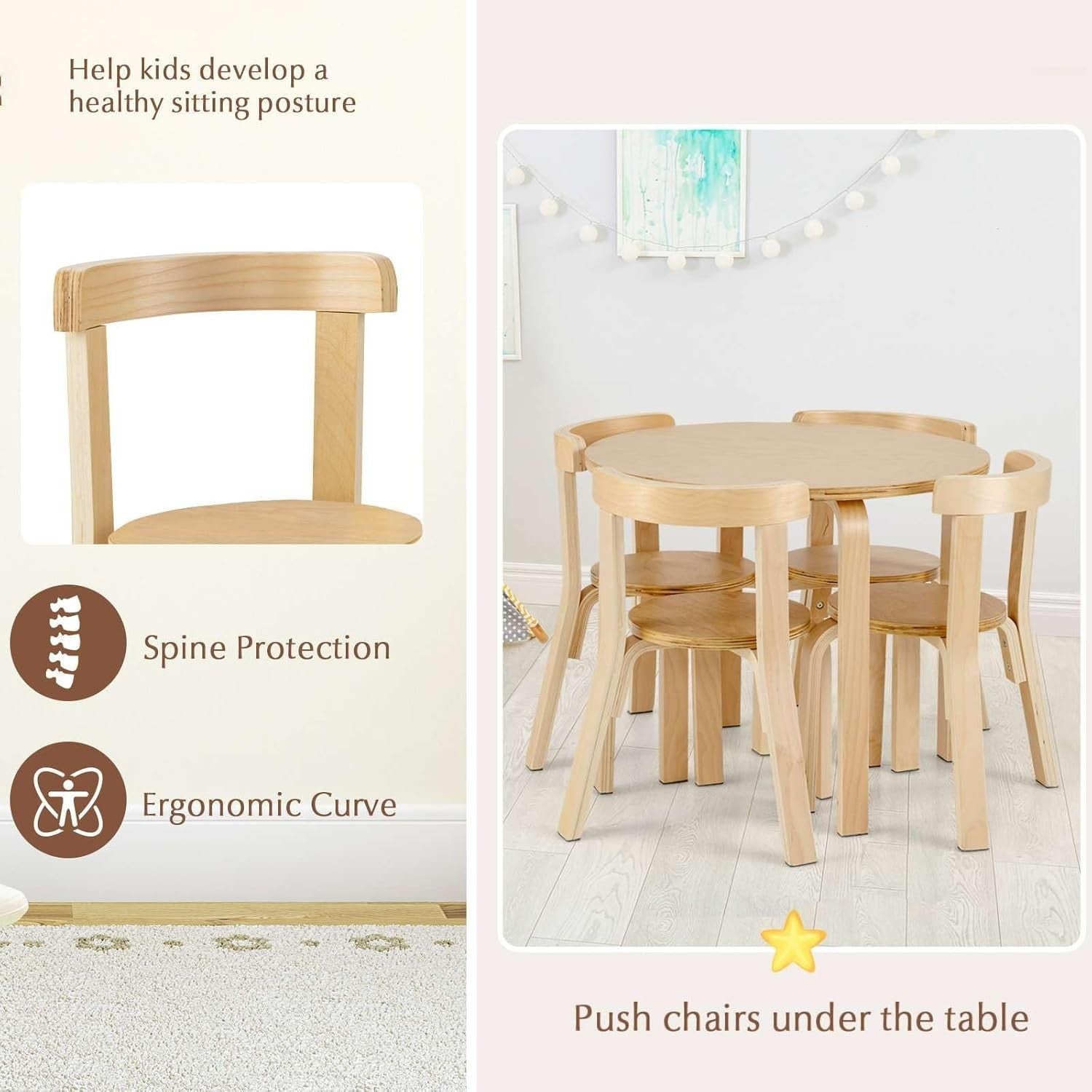 Kids Wooden Round Table & 4 Chairs Set Natural Finish Ergonomic Design