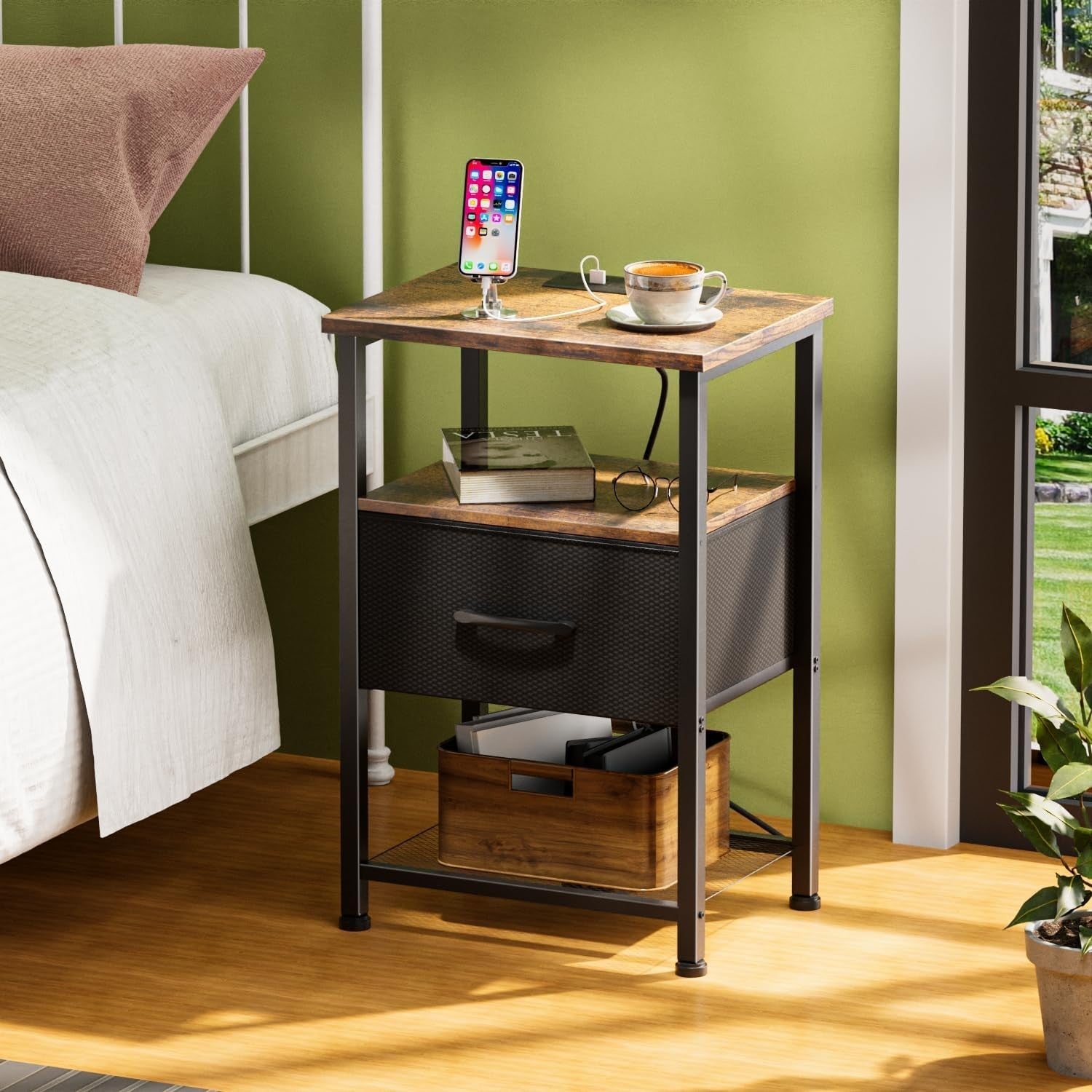 Set of 2 Rustic Brown LED Bedside Tables with Drawer, USB Ports & Power Outlets