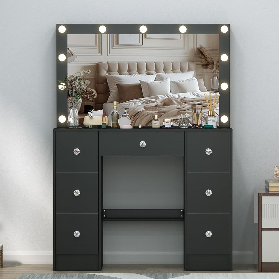 Modern Vanity Dressing Table LED Lighted Mirror 7 Drawer Desk Makeup White (77/7