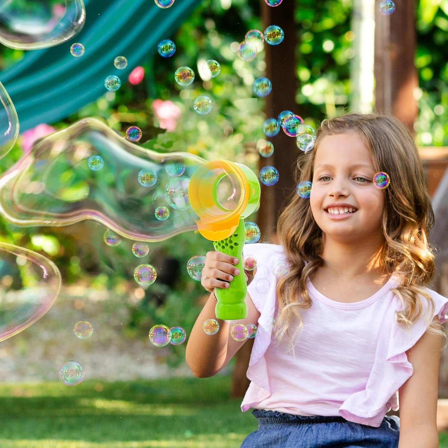 Kids Push Button Bubble Wand Toy with Solution Tray Outdoor Fun Green