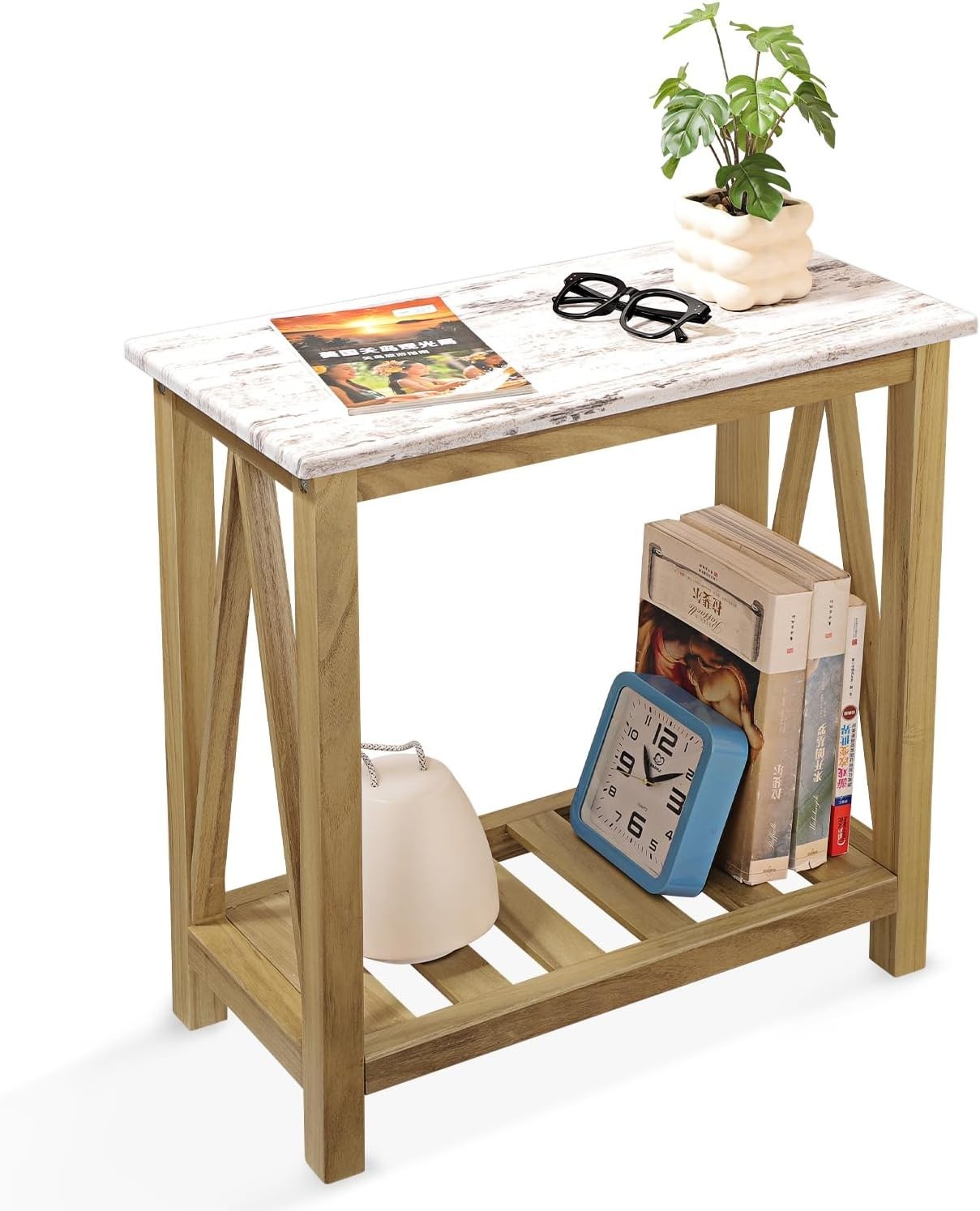 Farmhouse Narrow Table for Small Spaces End Side Table with Storage Shelf Rectan