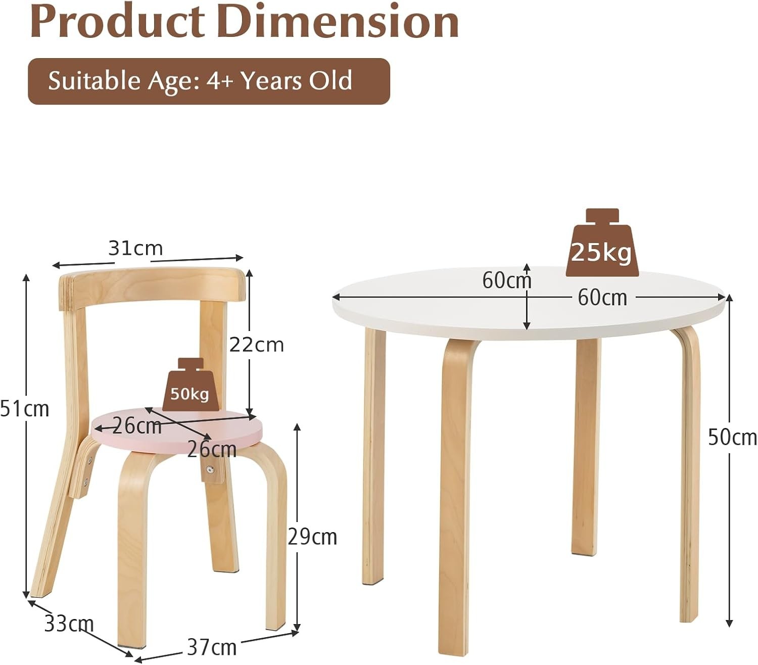 Kids Table and Chairs Set Solid Wood 5pc Multicolor Round Playroom Furniture