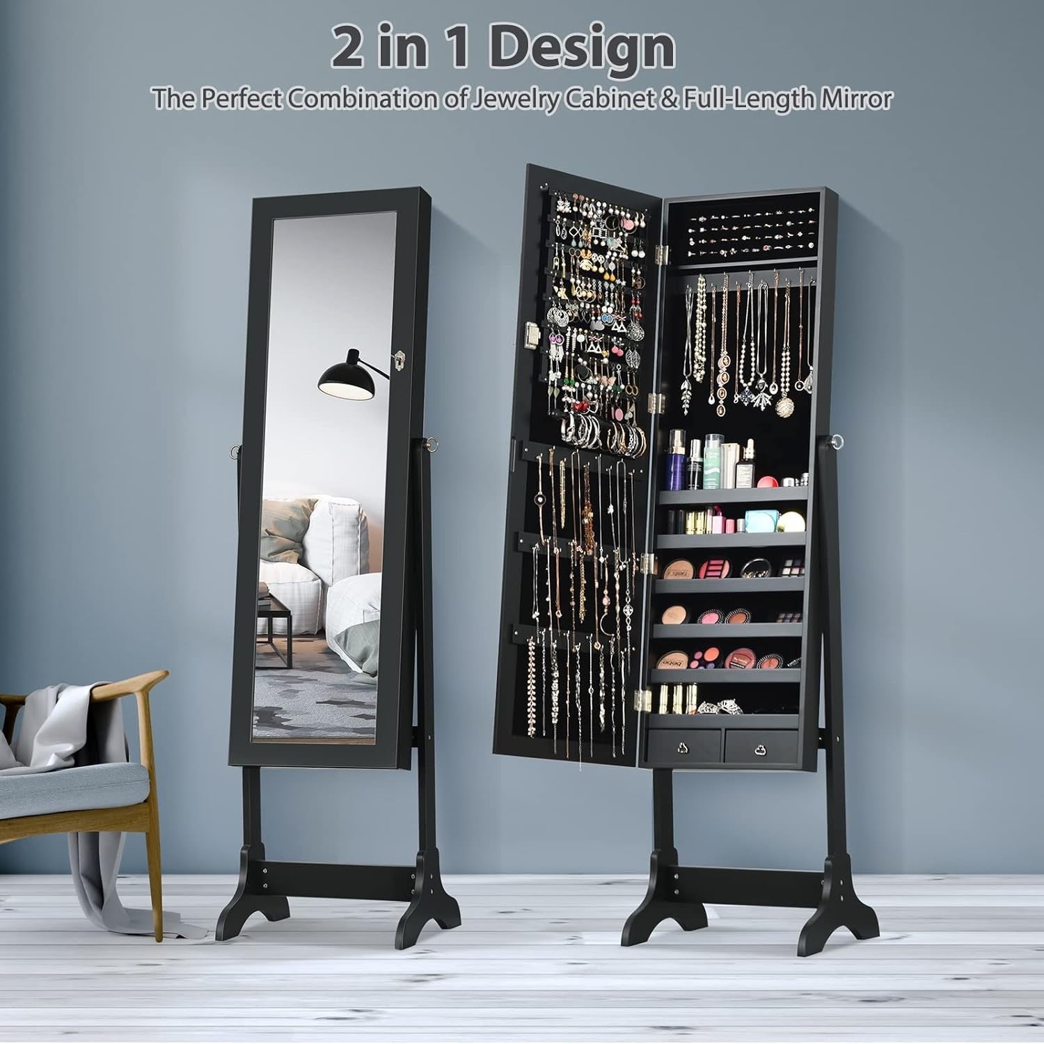 Lockable Standing Jewelry Armoire Mirror Adjustable Angle Storage Cabinet Black