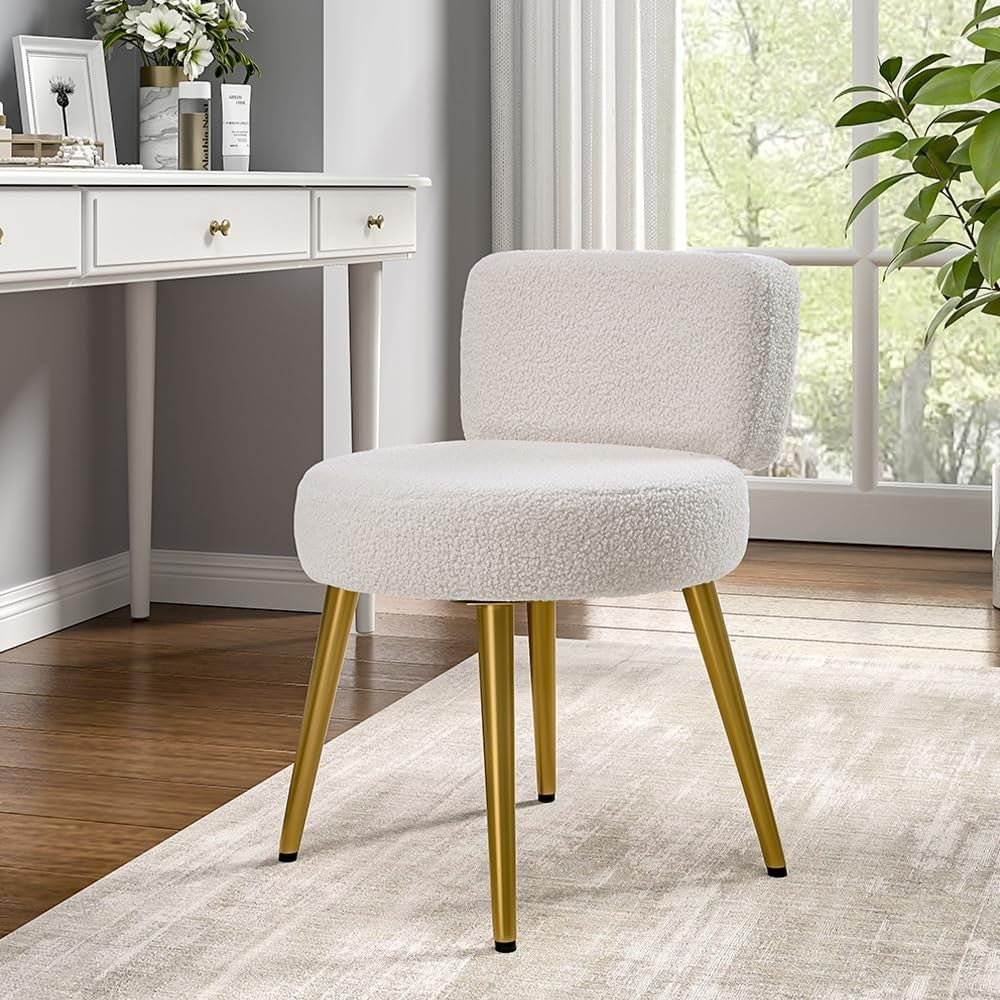 White Teddy Velvet Vanity Stool with Gold Legs – Tufted Back Dressing Chair
