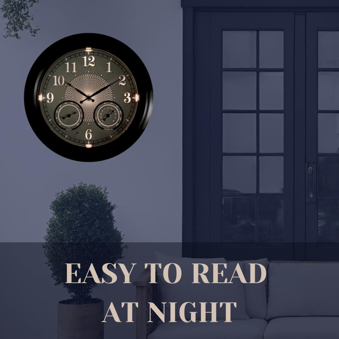 18" Outdoor Wall Clock LED Light Temp Humidity Sensor Waterproof Garden