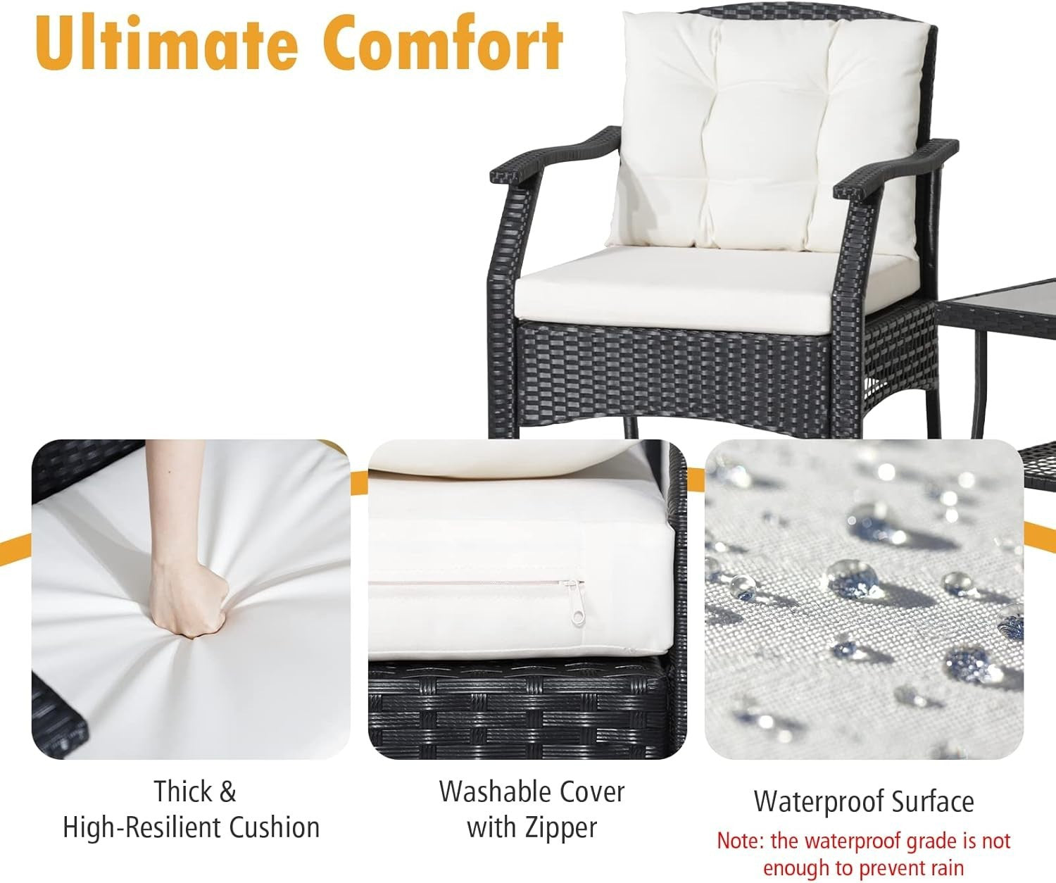 3pc Outdoor Rattan Garden Chairs Set with Cushioned Seating & Glass Table
