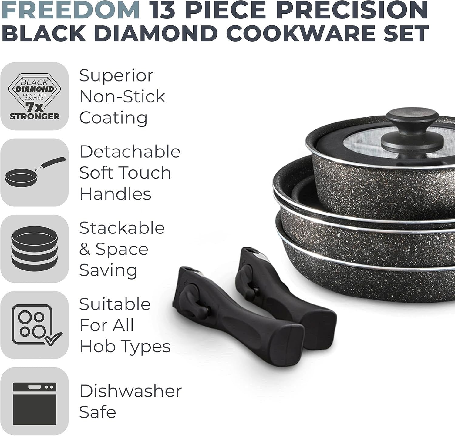 13pcs Black Non Stick Cookware Set  Stackable Pans with Detachable Handle