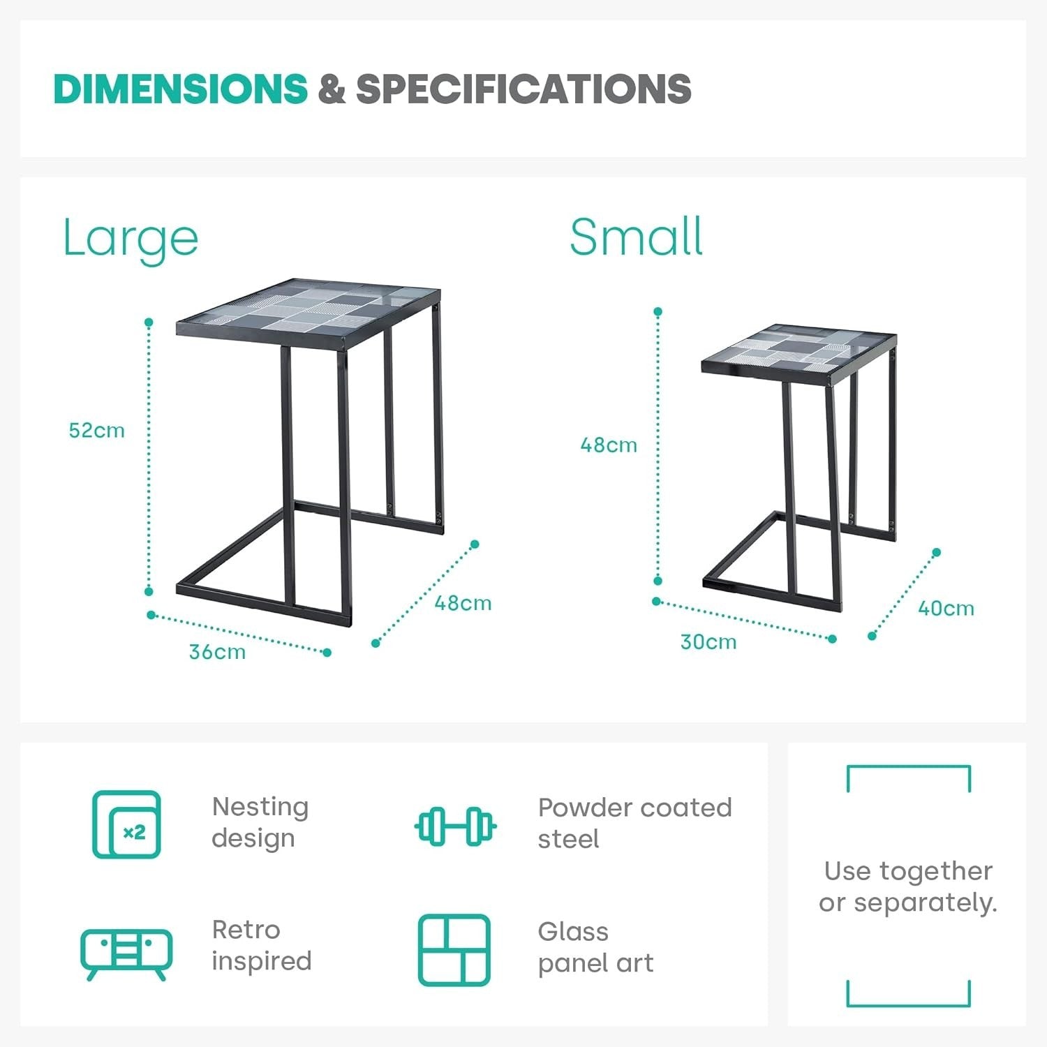 Space Saving Glass Coffee Table Square Side Sofa Table C-Shape Nesting Frame