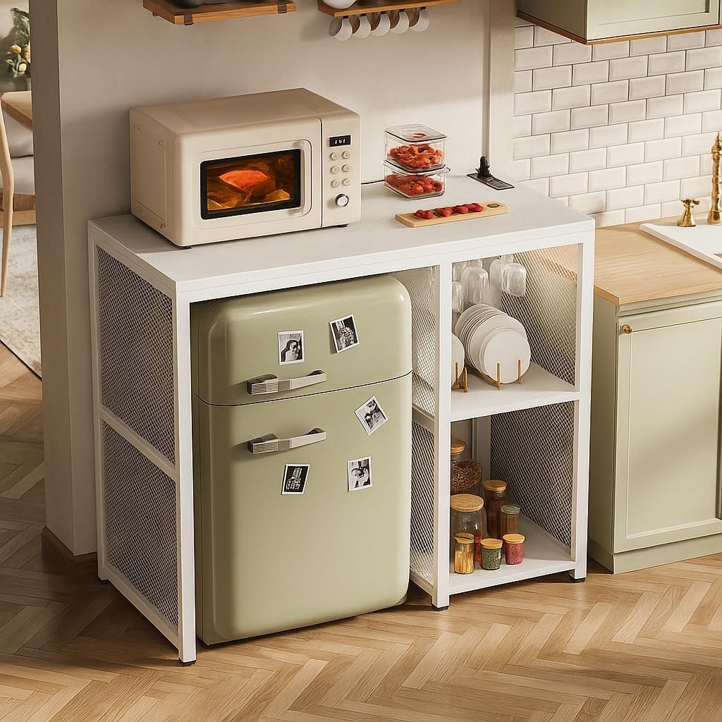 Mini Fridge Stand with Power Outlets Wine Bar Storage Cabinet White Industrial