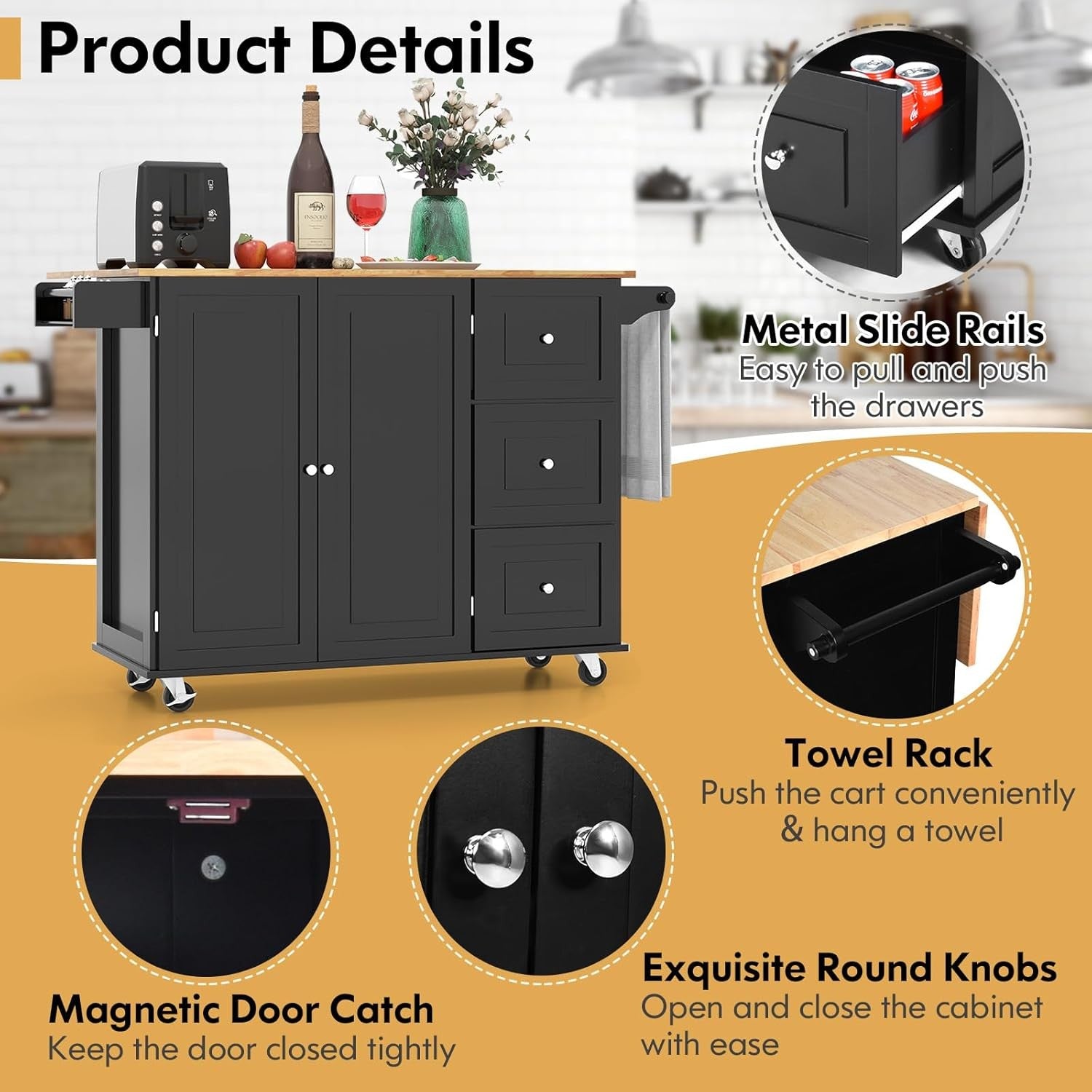 Kitchen Island Trolley on Wheels with Extendable Tabletop & Storage Cabinet