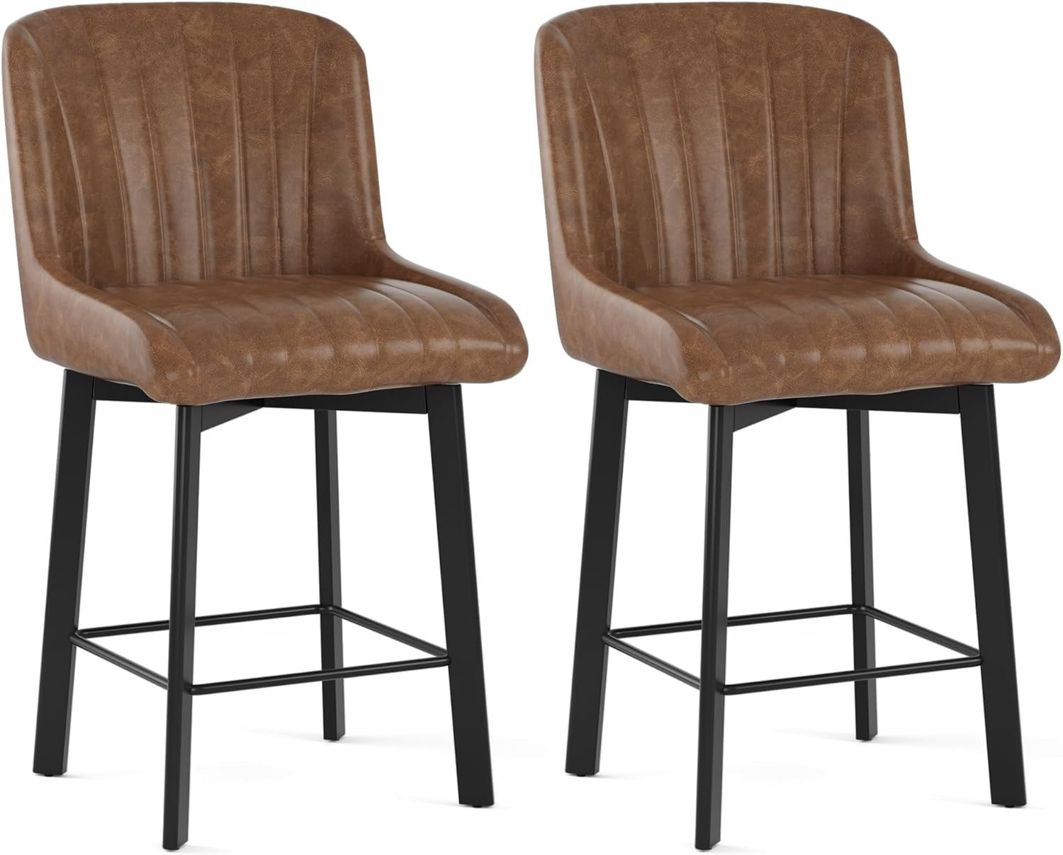 Swivel Bar Stools Set of 2 | Brown PU Leather L-Shaped Counter Chairs