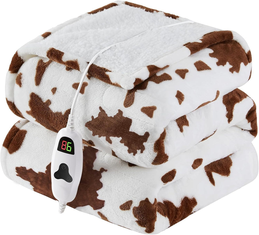Electric Heated Throw Blanket Cow Print Sherpa 10 Heat  Washable