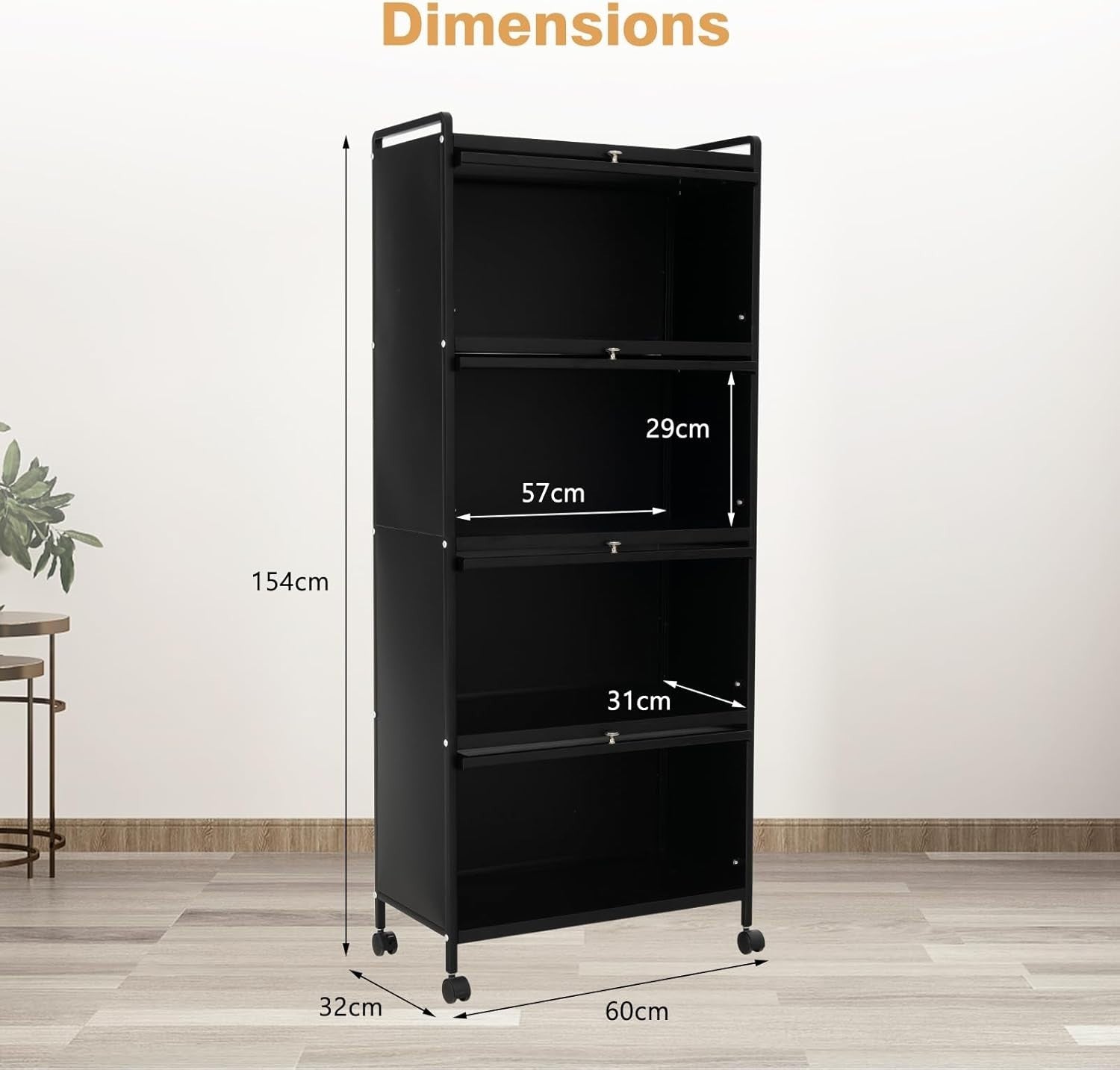 60x32x154cm Black Rolling Kitchen Cabinet 5-Tier Pantry Storage with Wheels