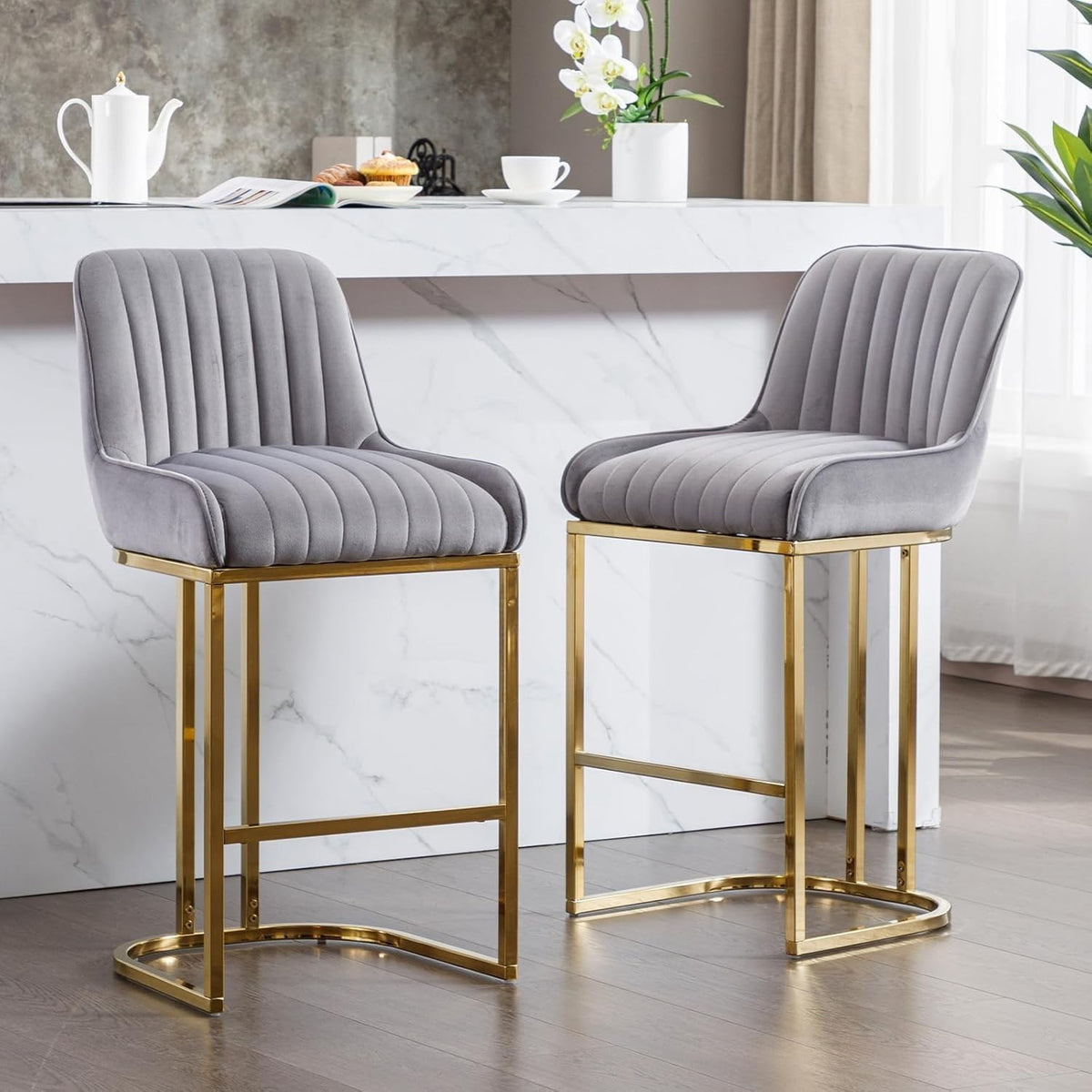 Bar Stools Set of 2 | Grey Fabric L-Shaped Counter Dining Chairs