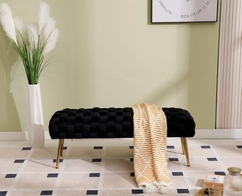 Velvet Ottoman Bench with Gold Metal Legs, Black Upholstered Entryway Seat
