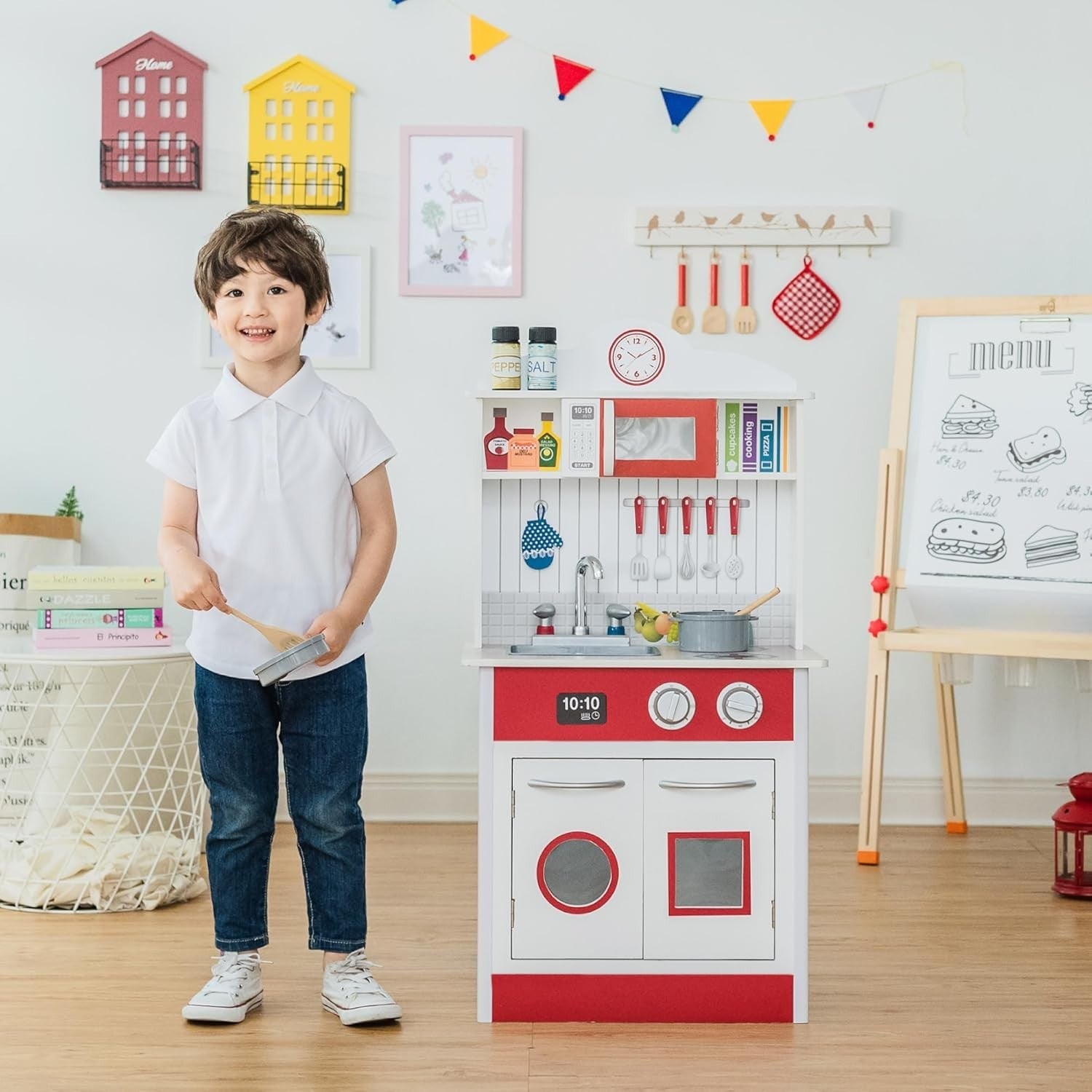 Compact Wooden Kids Play Kitchen Sink Oven Microwave White Red