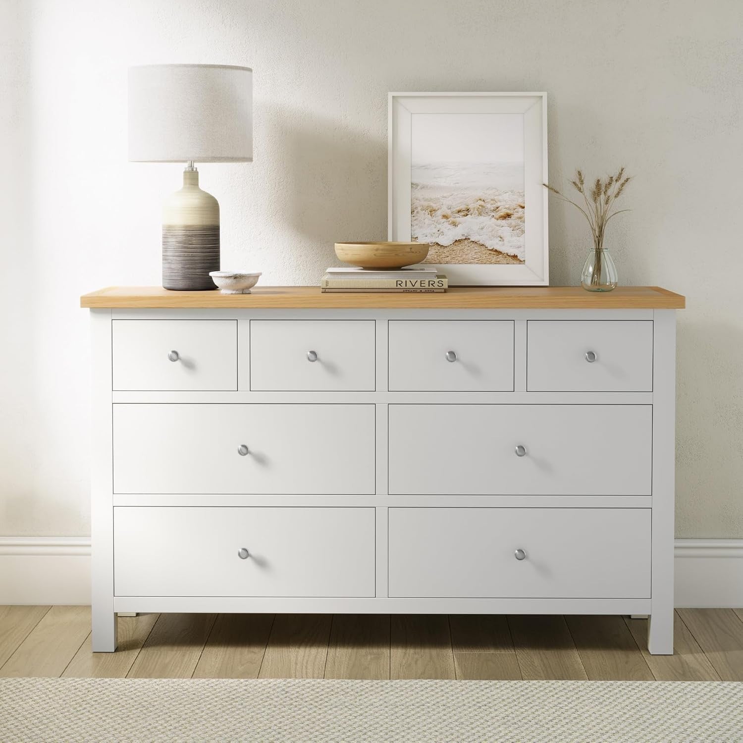 White 8 Drawer Chest with Oak Top – Large Solid Wood Bedroom Storage Unit