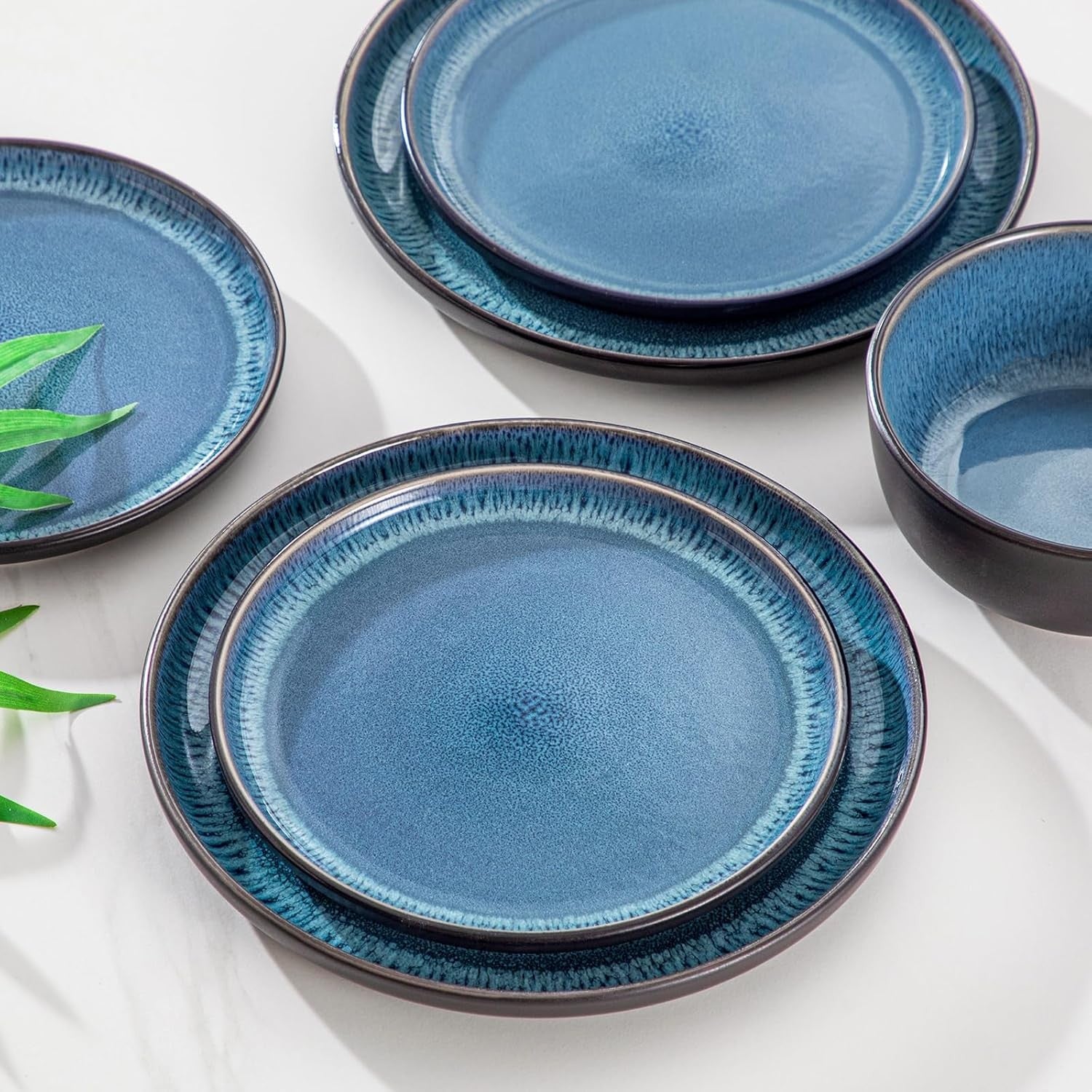 18pc Blue Stoneware Dinner Set Reactive Glaze Plates Bowls Microwave Safe