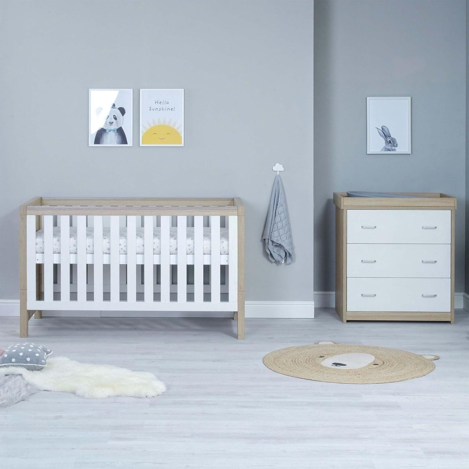 Nursery Furniture Set Cot Bed Wardrobe Chest Drawers Solid Wood White Oak 2Pcs