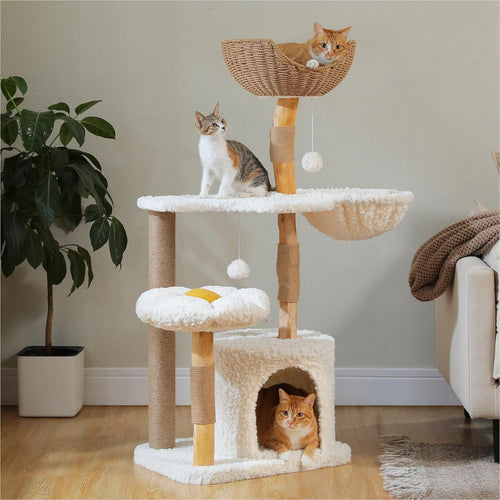 Luxury Cat Tree Tower 123cm Wicker Basket Condo Hammock Scratching Post