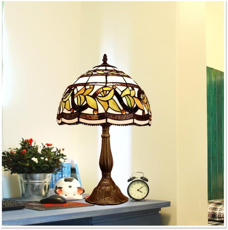 Vintage Stained Glass Table Lamp with Leaf Flower Shade Warm Light