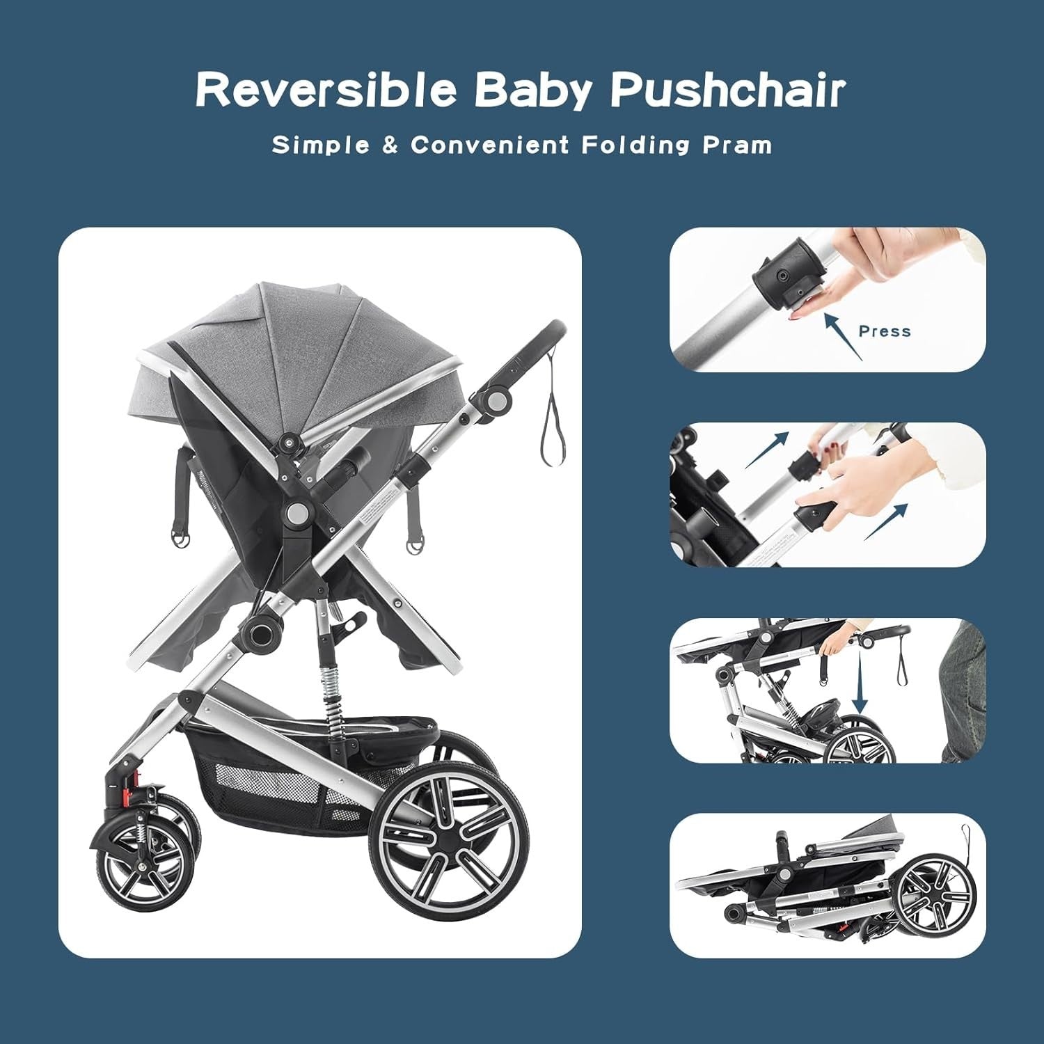 3-in-1 Baby Pram Travel System Black 0-4Y Adjustable Handle Car Seat