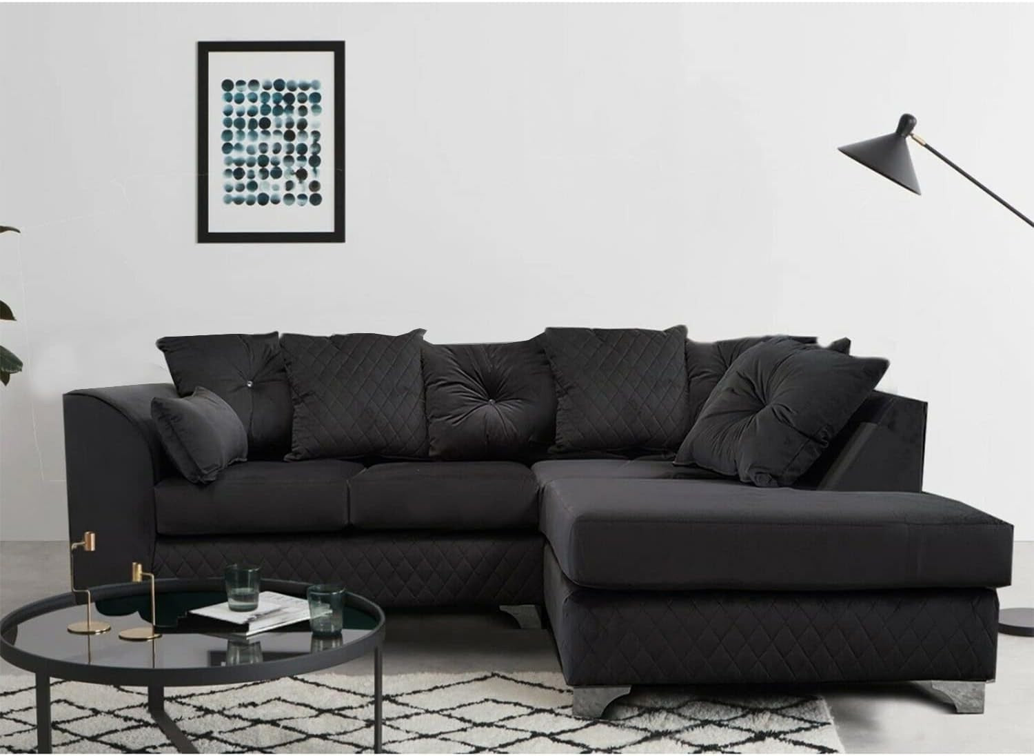 Black Velvet Corner Sofa RH ✨ 3-4 Seater L Shape with Chrome Feet