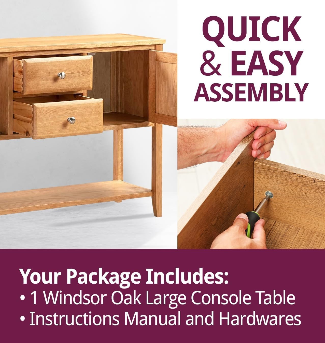 Large Solid Oak Console Table with Storage Drawers & Shelf, Durable