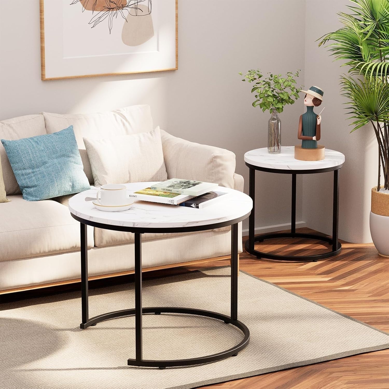 Nesting Coffee Table Set 2 Round Black Marble Metal Frame Living Room Furniture