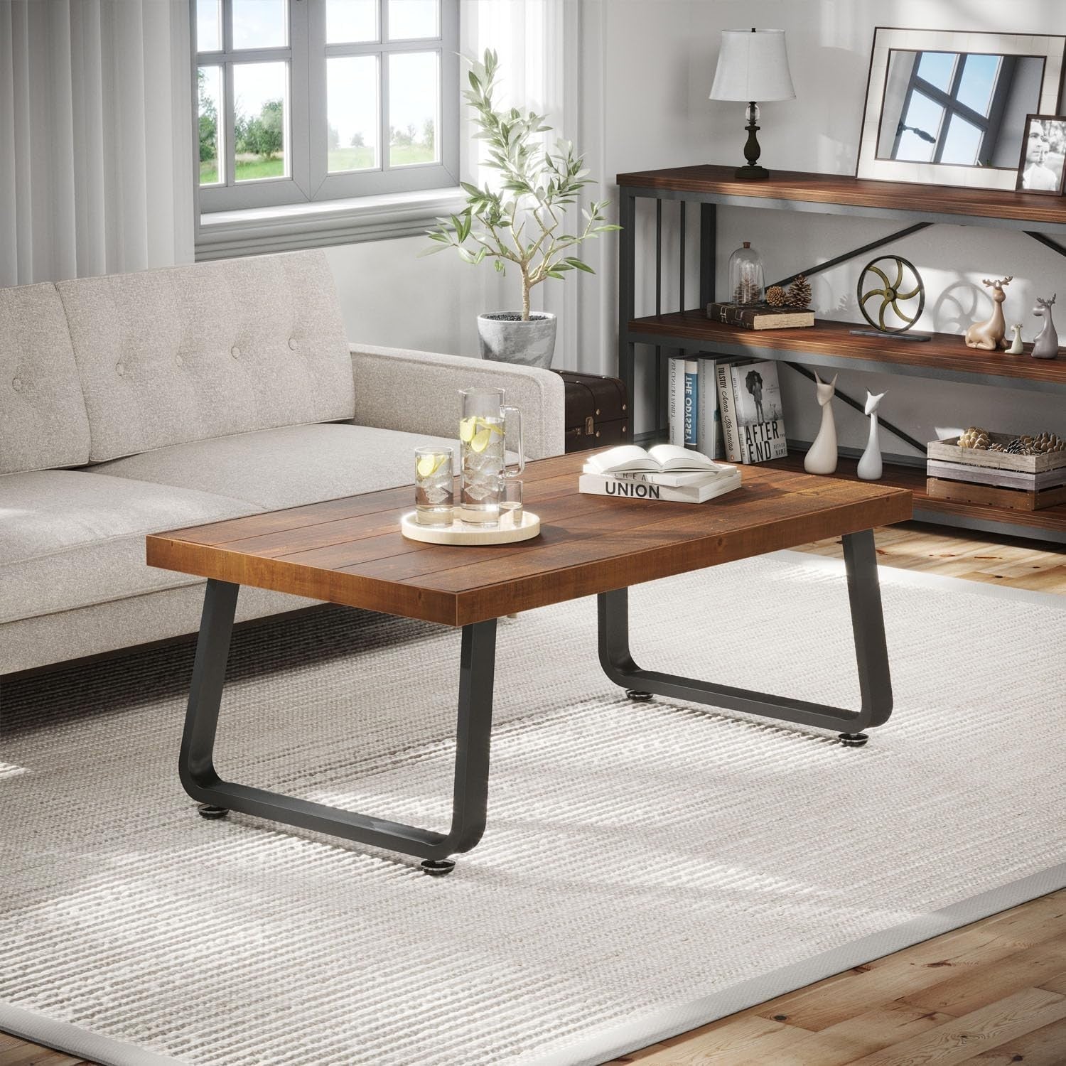 Rustic Wood Coffee Table 100CM – Industrial Metal Frame, Thick Top