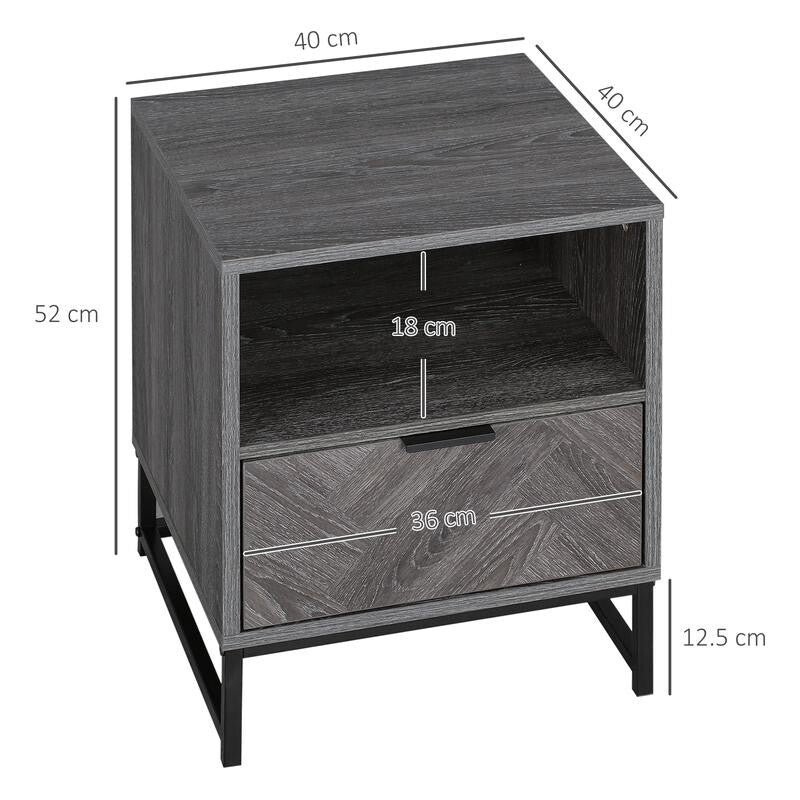 Grey Bedside Table with Drawer & Shelf, Metal Frame, 52cm Tall