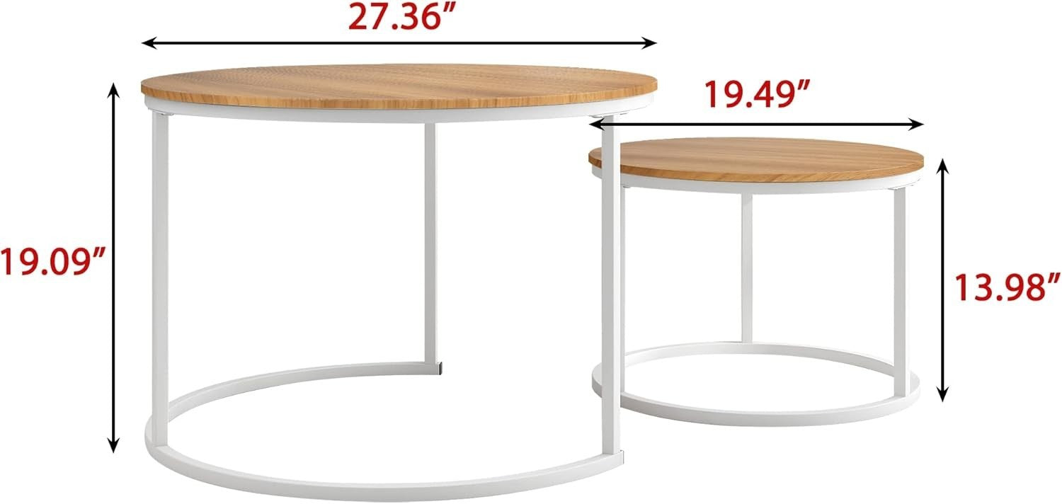 Round Nesting Coffee Table Set of 2, Sturdy Metal Frame & Wood Look Tops, Space