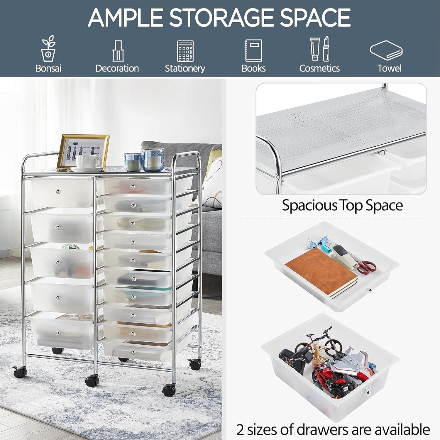 15 Drawer Rolling Storage Cart Organizer Trolley Wheels White