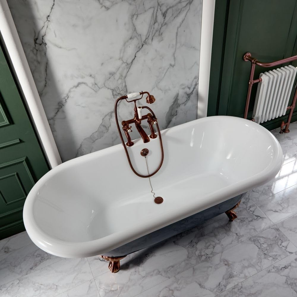 1795x785mm Double Ended Freestanding Bath Stone Grey Acrylic with Copper Feet