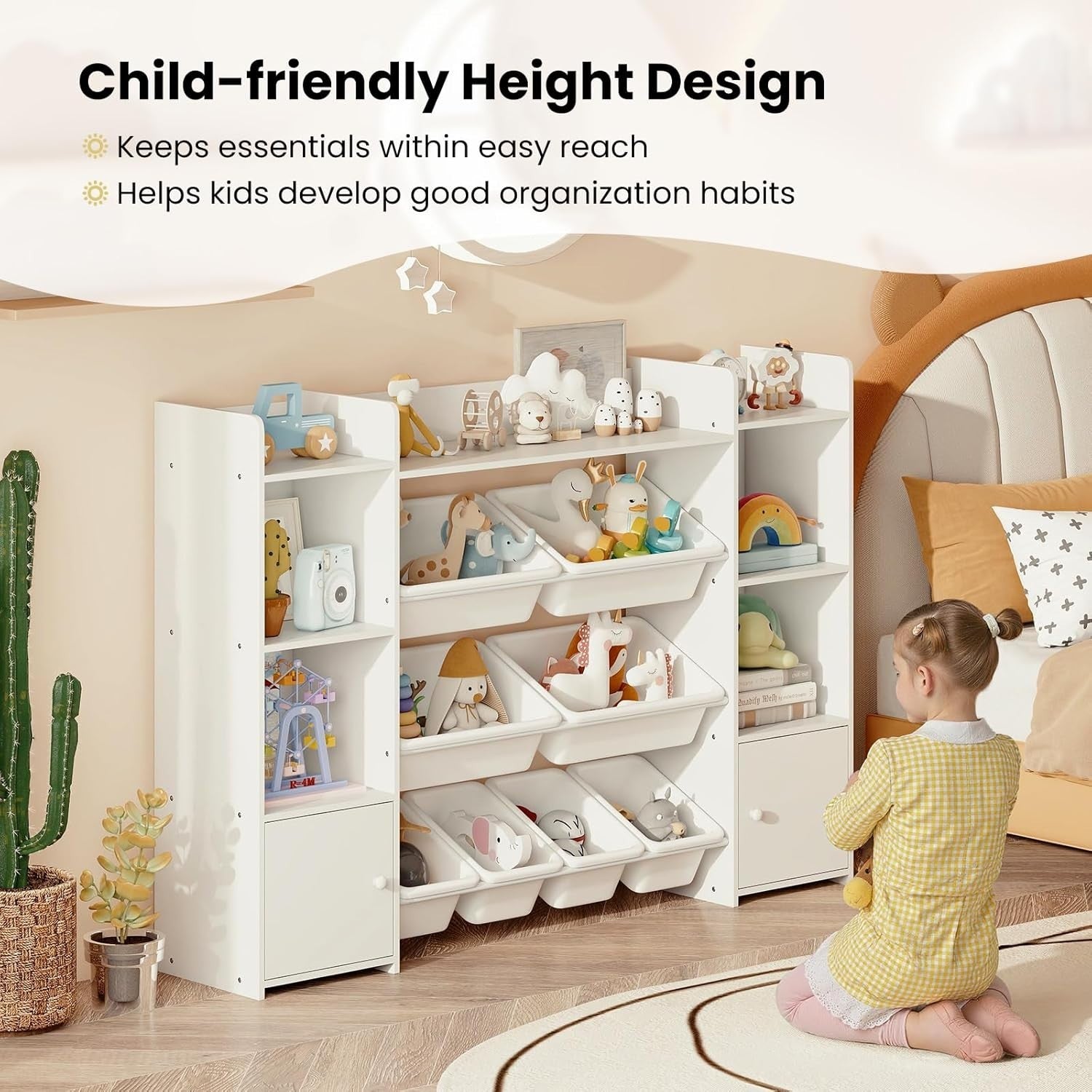 White Kids Toy Storage Unit – 4-Tier Bookshelf with Bins & Cabinets 142cm