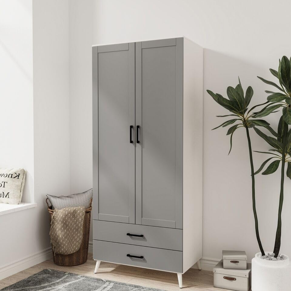 White Grey Modern Wardrobe 2 Doors 2 Drawers Bedroom Clothes Storage Unit