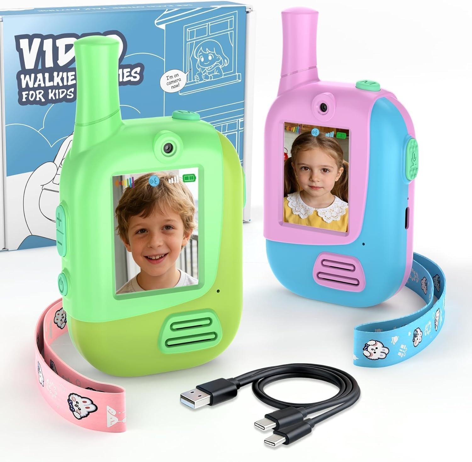 Kids Video Walkie Talkies 2 Pack Rechargeable 300M Range Voice Changer