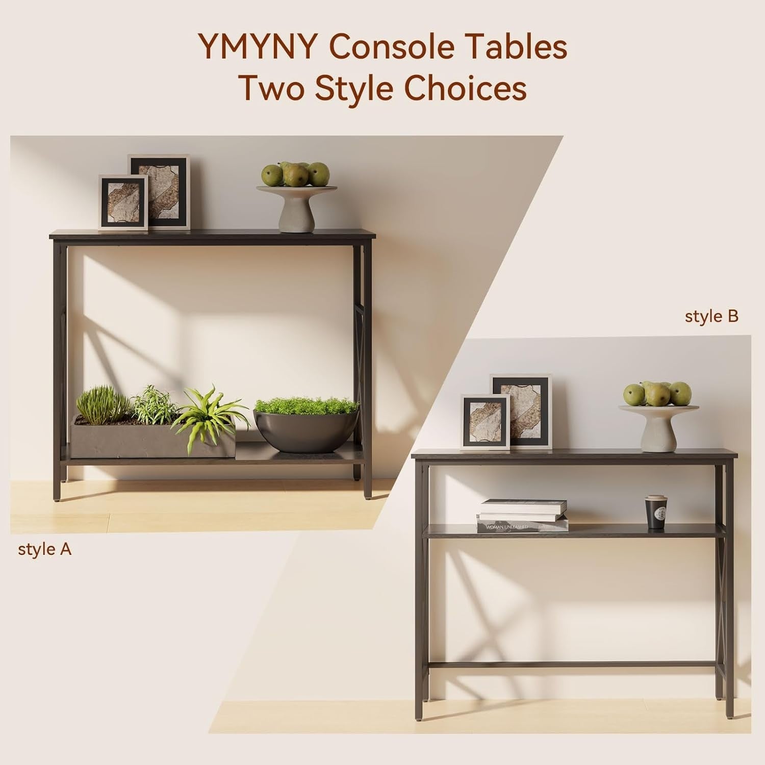 Industrial Console Table with Adjustable Feet, Metal Frame & Shelves for Small
