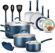 14pcs Blue Ceramic Stackable Non Stick Cookware Set Induction Safe Pots and Pans